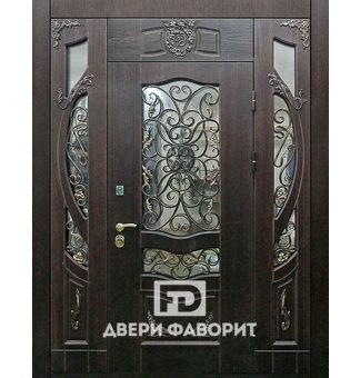 Входная двустворчатая дверь с боковой вставкой (ковка и стекло)