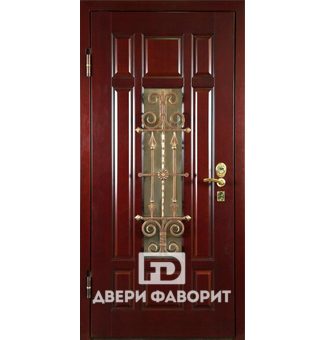 металлическая уличная дверь с ковкой под золото